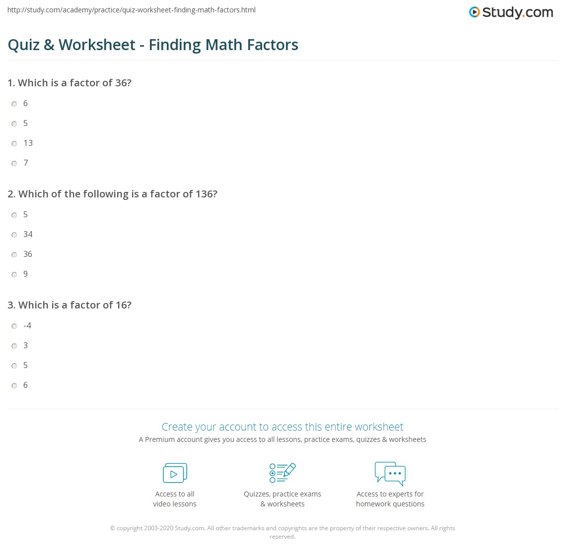 Quiz & Worksheet Finding Math Factors