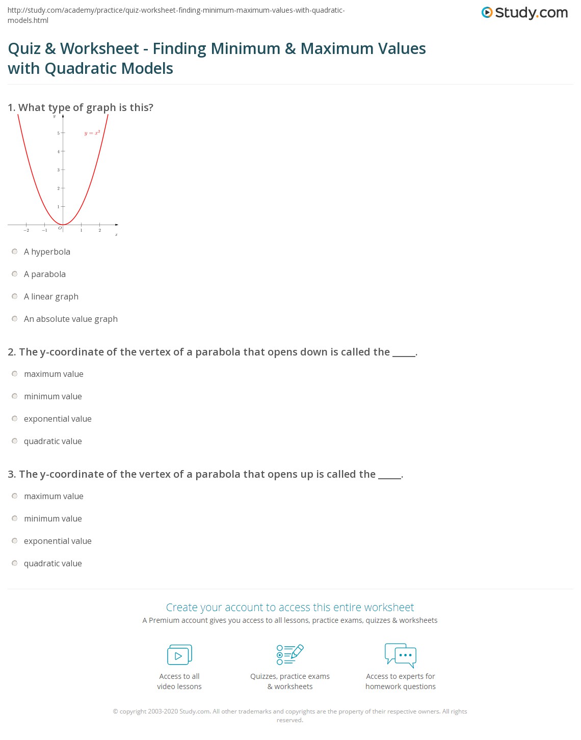 Quiz & Worksheet Finding Minimum & Maximum Values with Quadratic Models