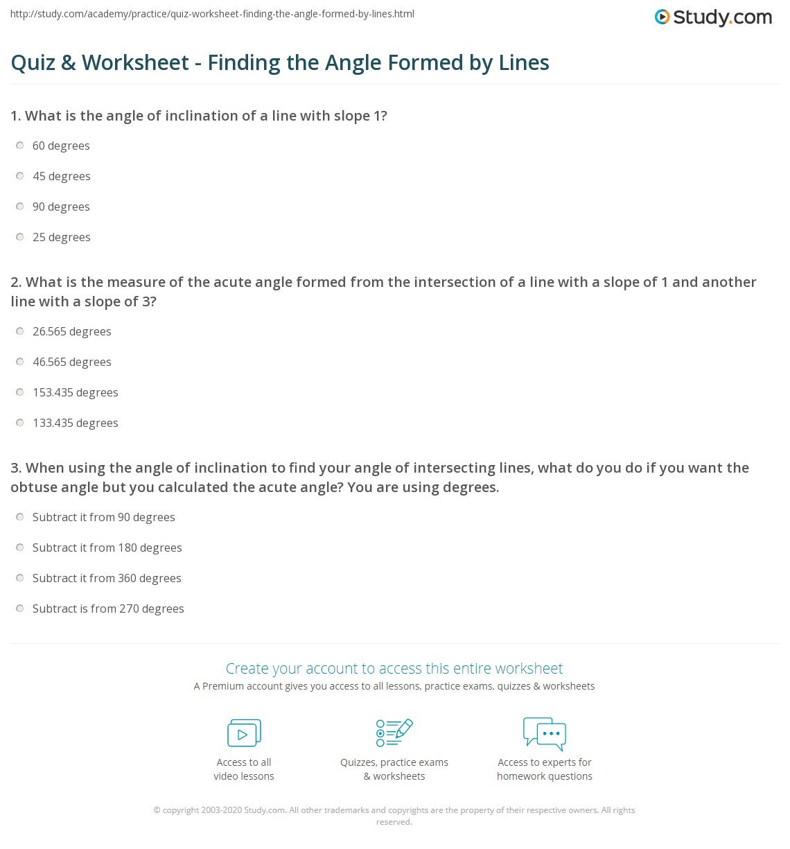 Quiz & Worksheet Finding the Angle Formed by Lines