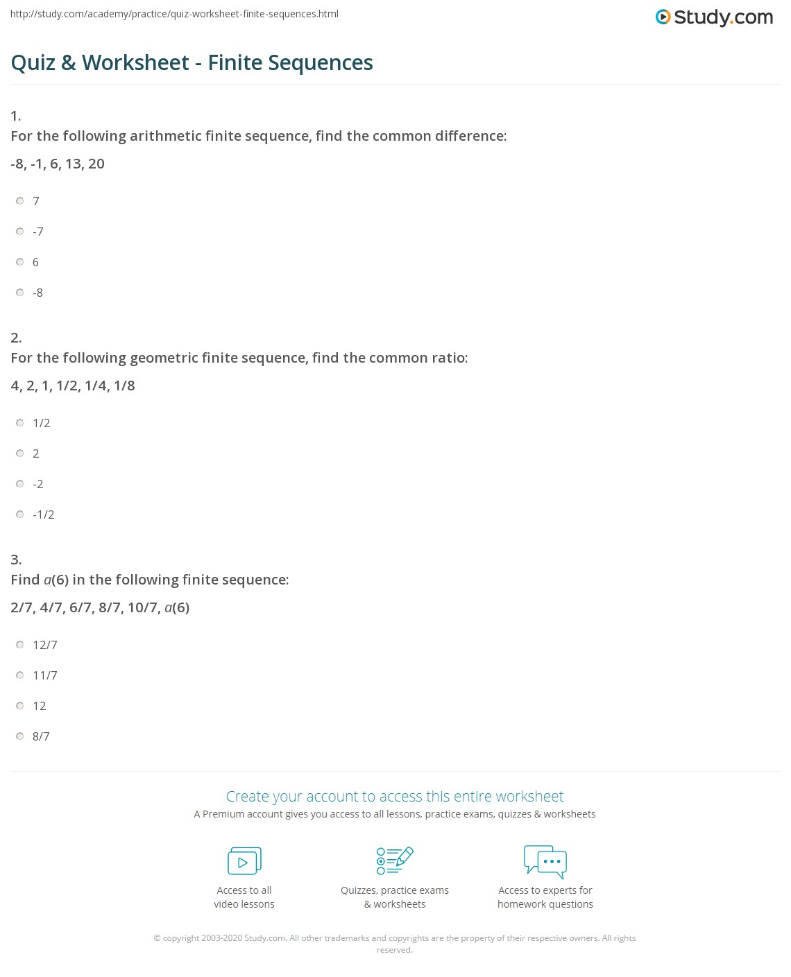 Quiz & Worksheet Finite Sequences Quiz & Worksheet Finite Sequences