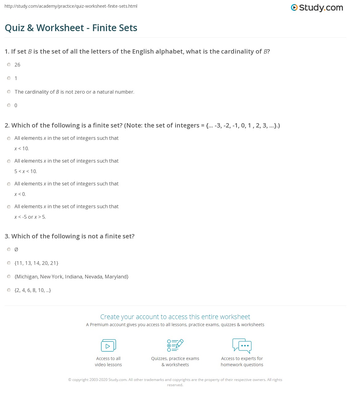 Quiz & Worksheet Finite Sets