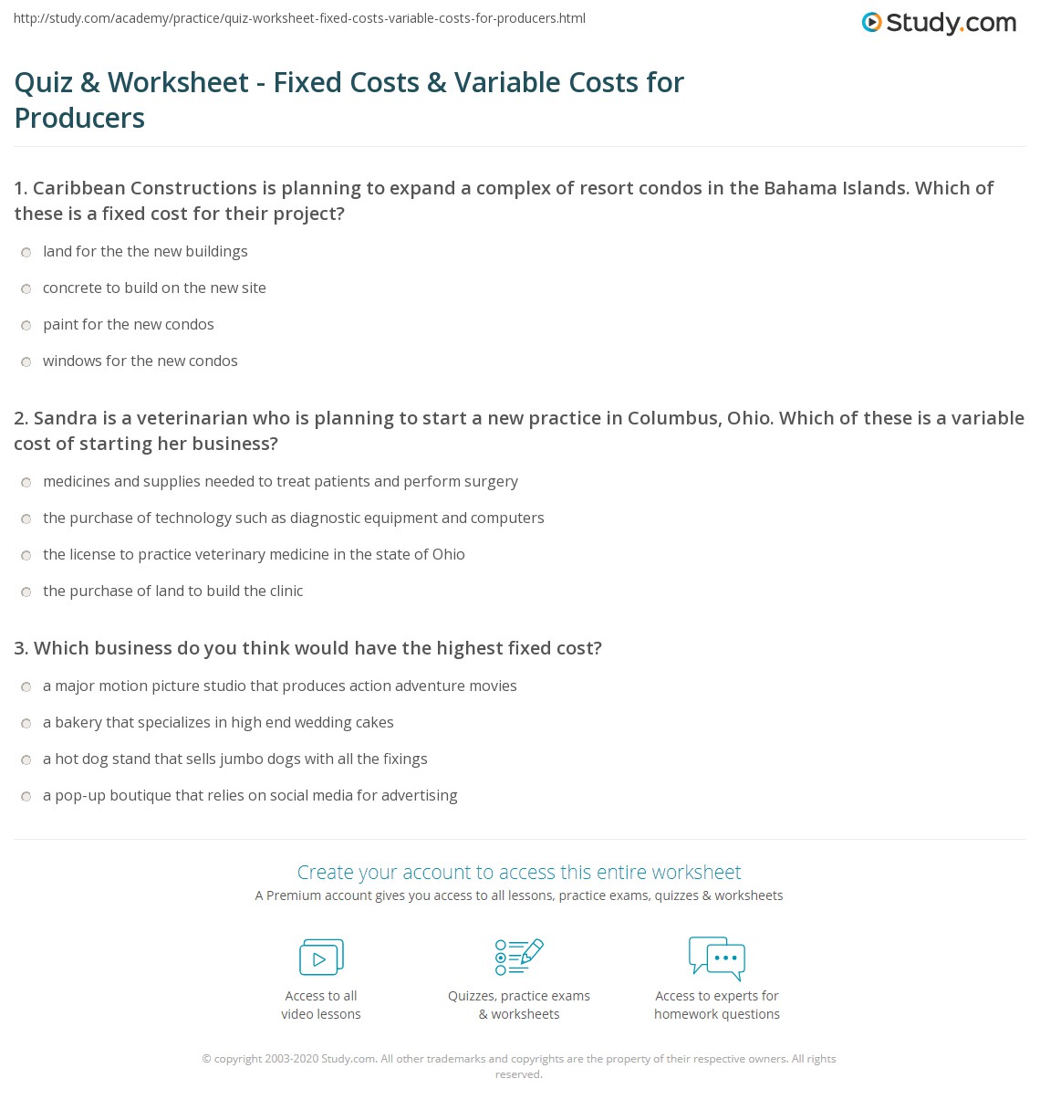 Quiz & Worksheet Fixed Costs & Variable Costs for Producers