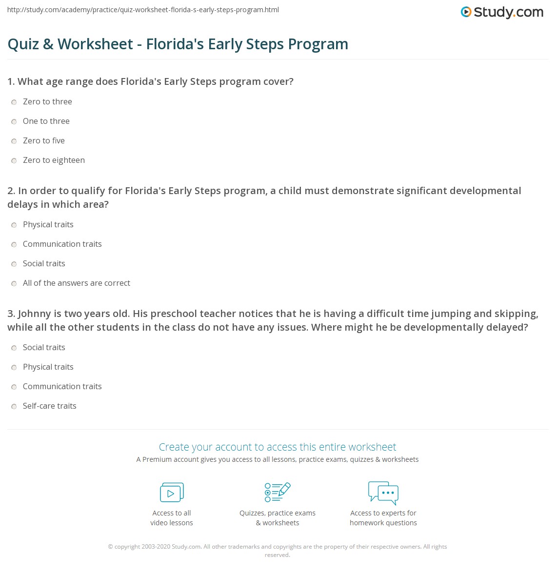 Quiz & Worksheet Florida's Early Steps Program