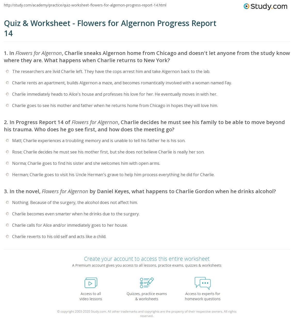 Quiz & Worksheet - Flowers For Algernon Progress Report 14 | Study.com