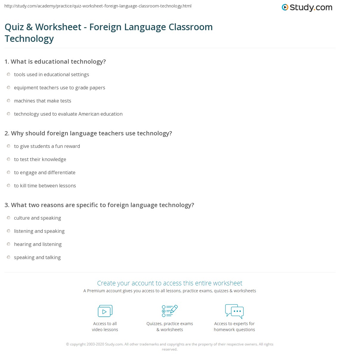 Quiz & Worksheet Foreign Language Classroom Technology