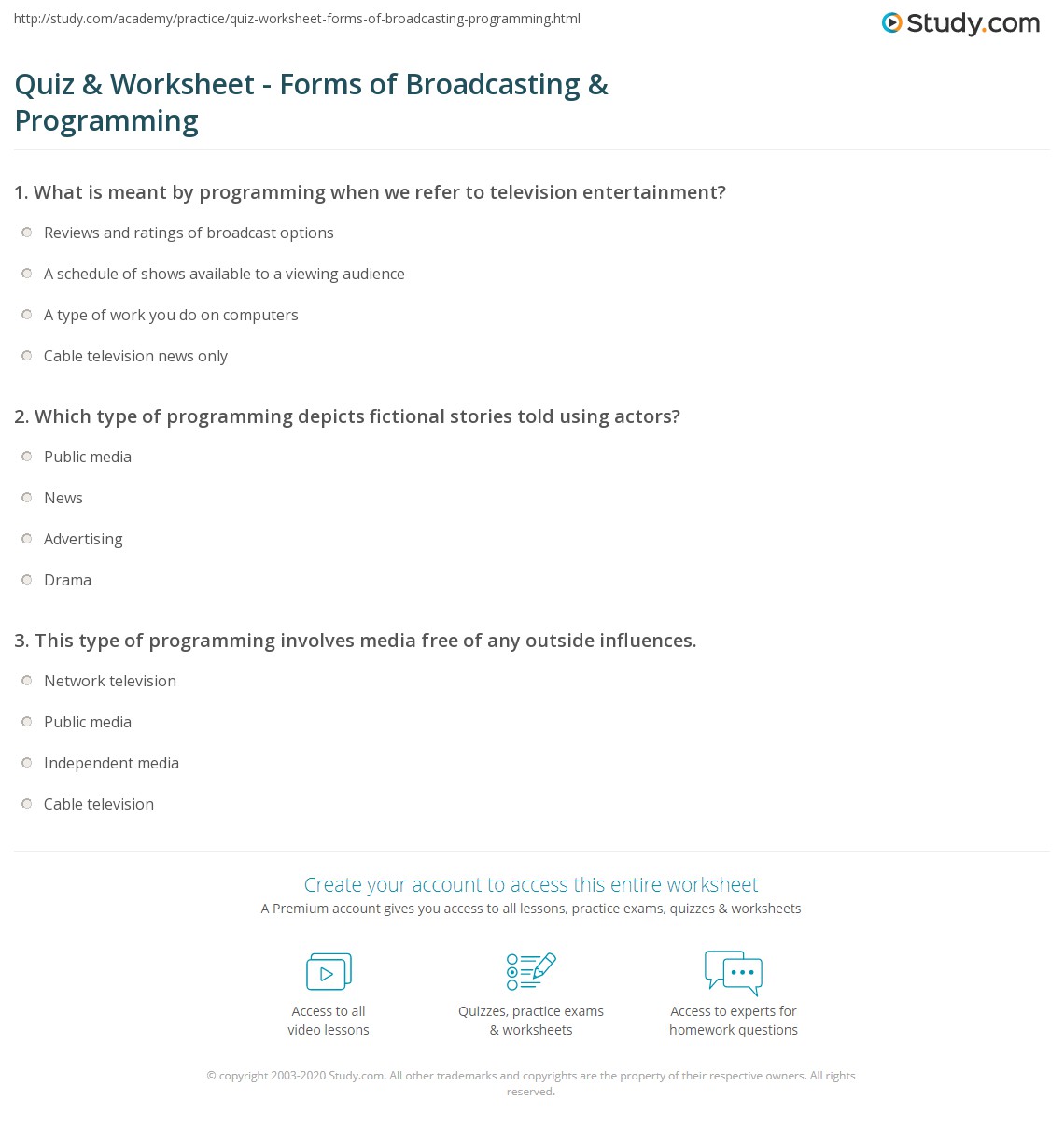 Quiz & Worksheet Forms of Broadcasting & Programming Quiz & Worksheet Forms of Broadcasting & Programming