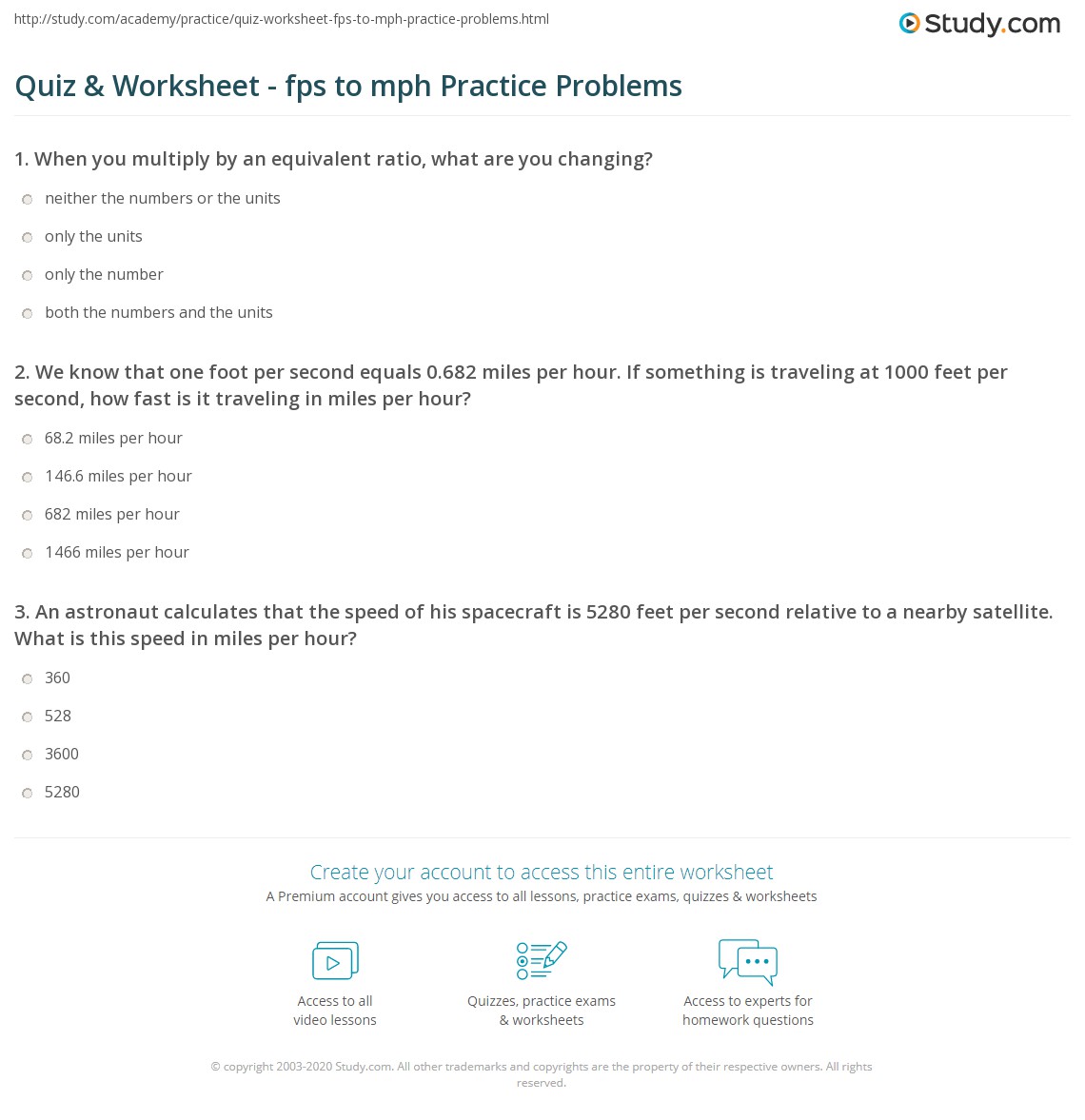 Quiz & Worksheet - Fps To Mph Practice Problems | Study.com