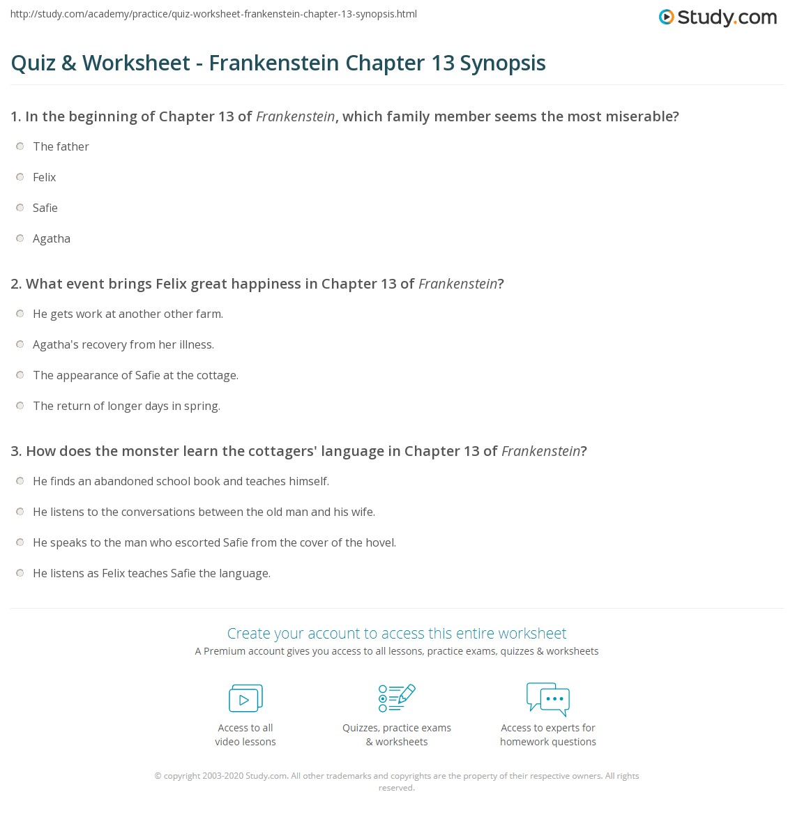 Quiz & Worksheet Frankenstein Chapter 13 Synopsis