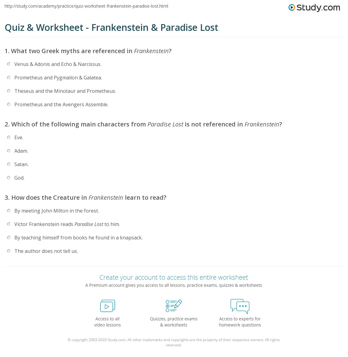 Quiz & Worksheet Frankenstein & Paradise Lost