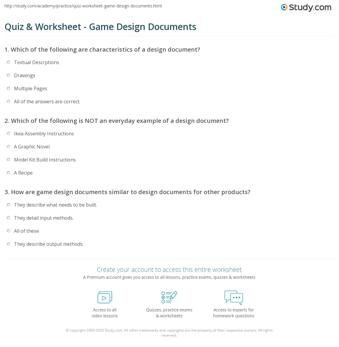 Quiz & Worksheet Game Design Documents
