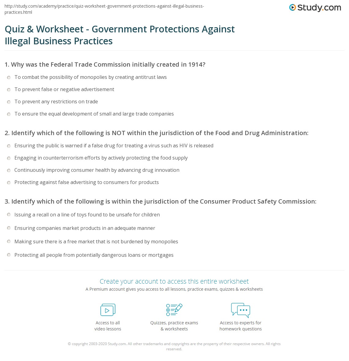 Quiz & Worksheet Government Protections Against Illegal Business