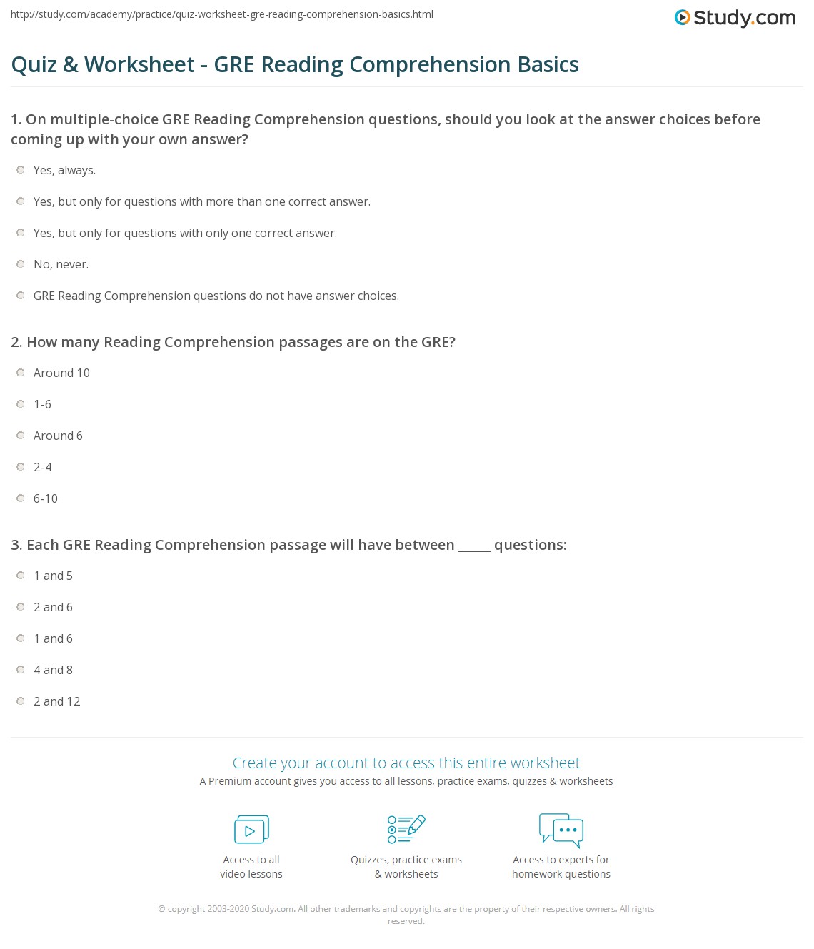 Quiz & Worksheet GRE Reading Comprehension Basics