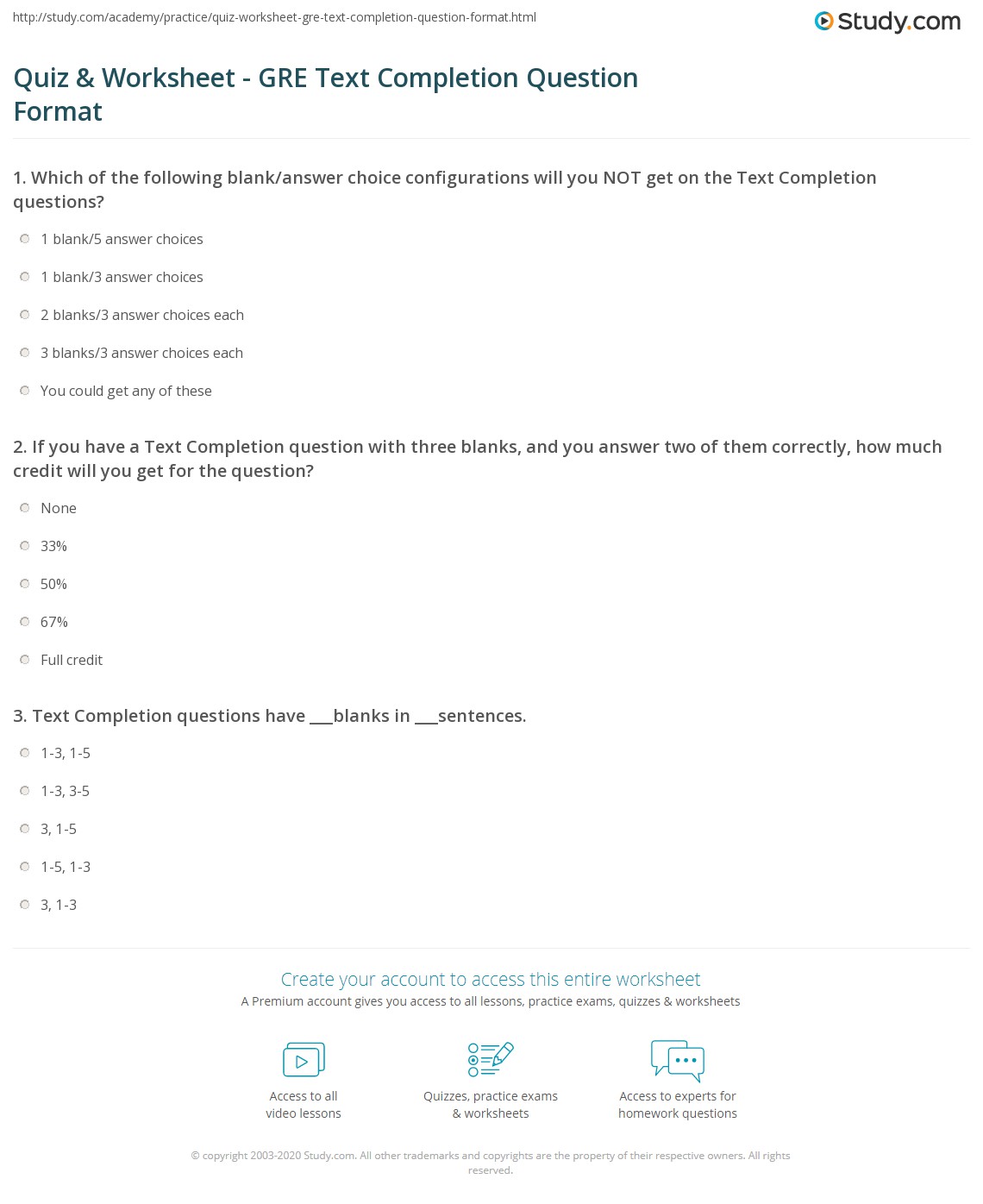Quiz & Worksheet GRE Text Completion Question Format