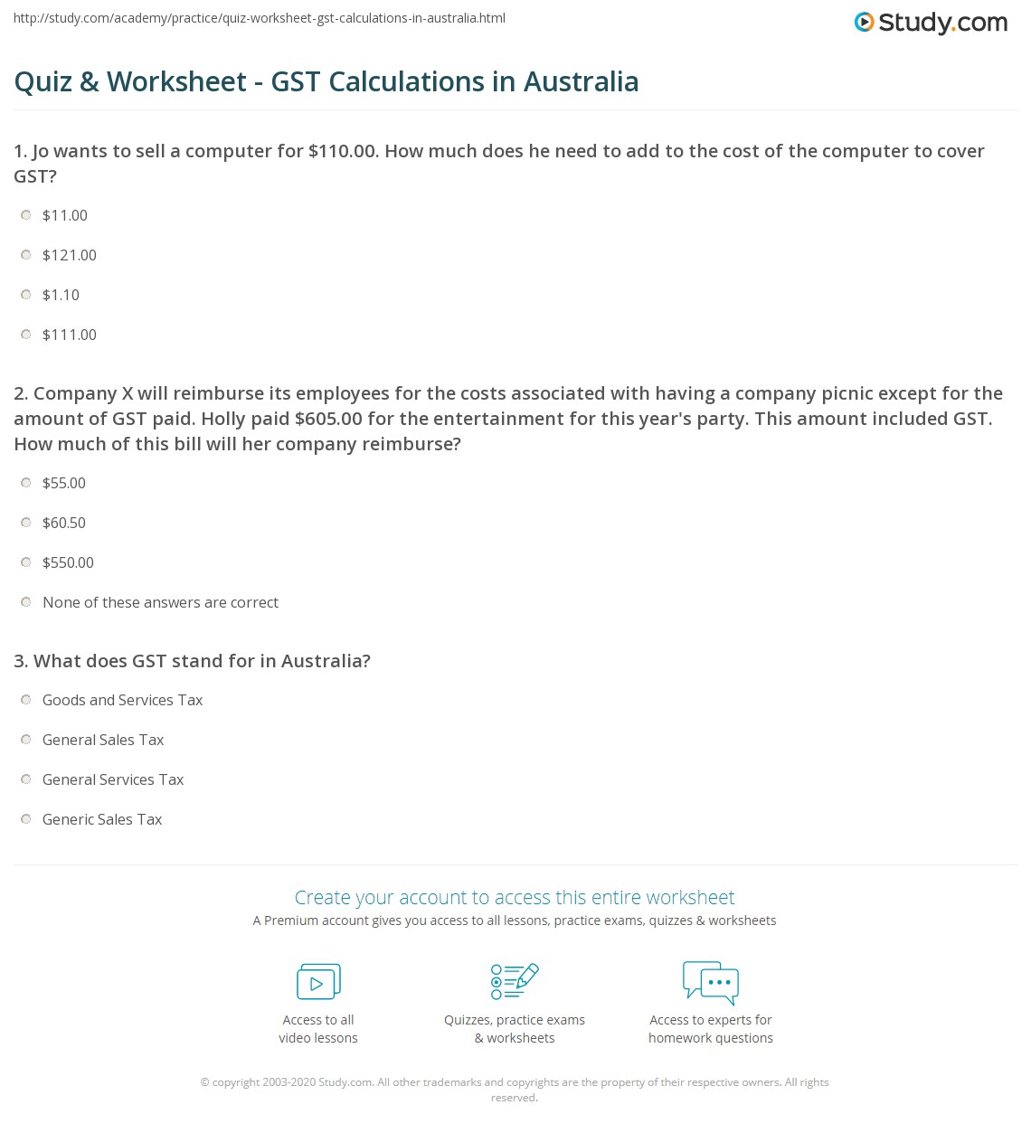 Quiz & Worksheet GST Calculations in Australia