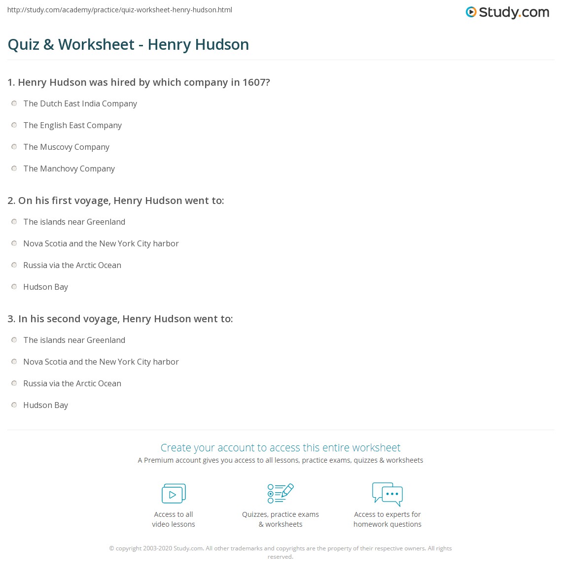 Quiz & Worksheet Henry Hudson