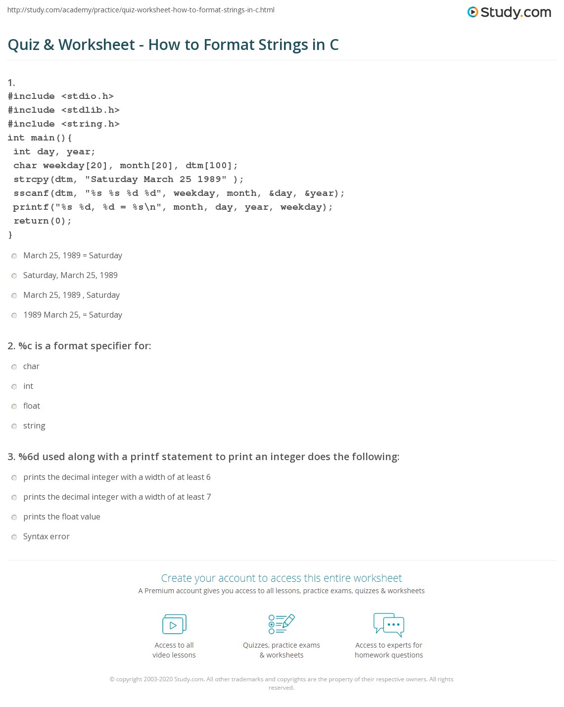 Quiz & Worksheet How to Format Strings in C
