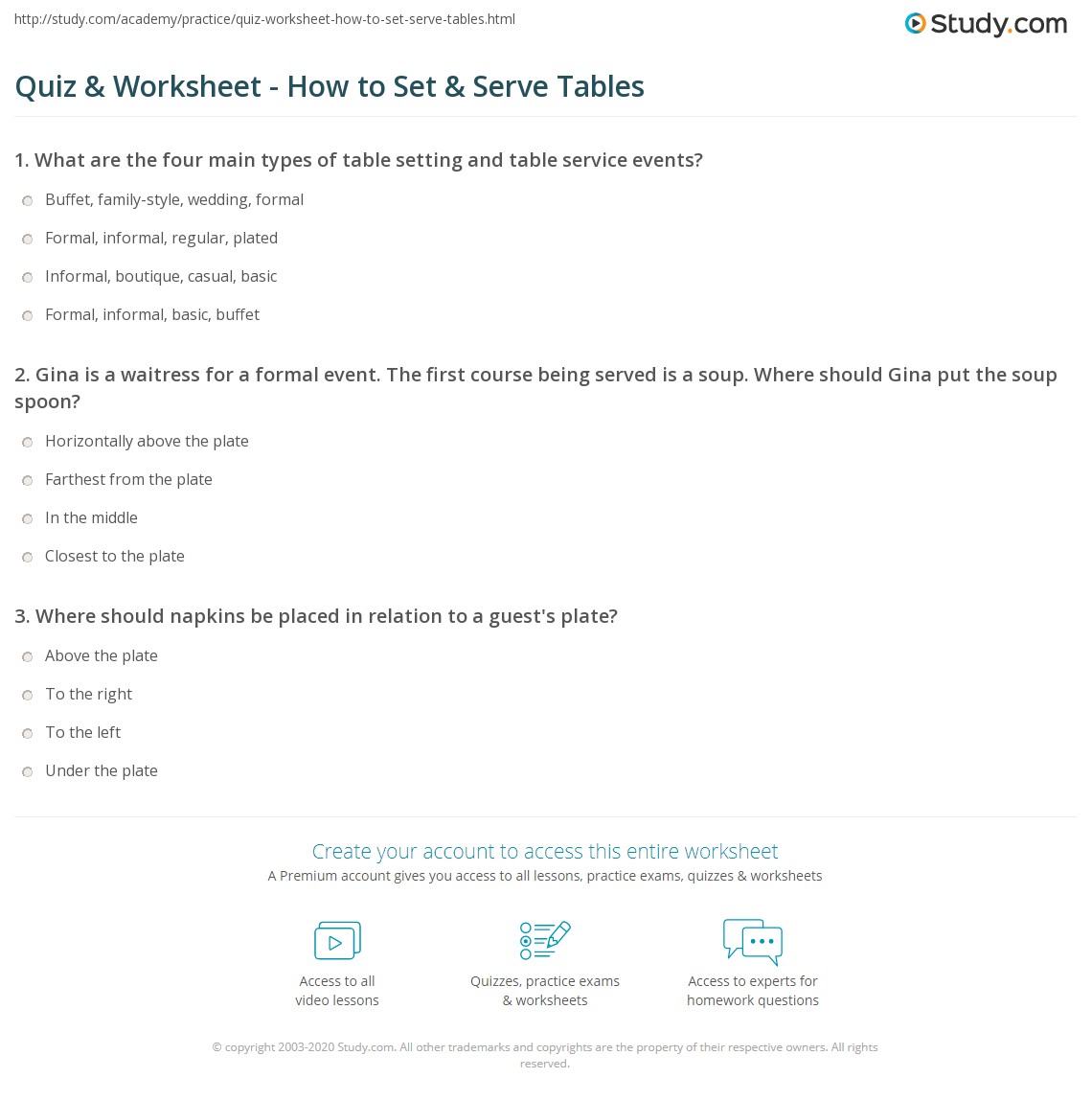 Quiz & Worksheet How to Set & Serve Tables