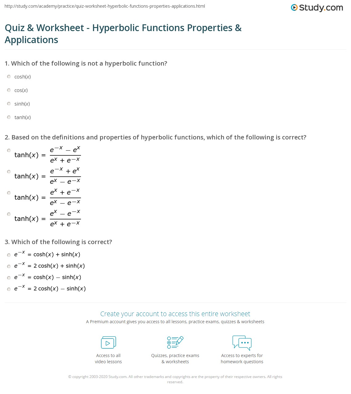 Quiz & Worksheet Hyperbolic Functions Properties & Applications Quiz & Worksheet Hyperbolic Functions Properties & Applications