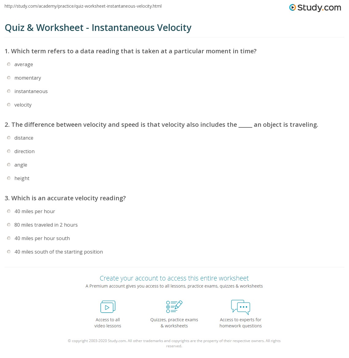 Quiz & Worksheet Instantaneous Velocity