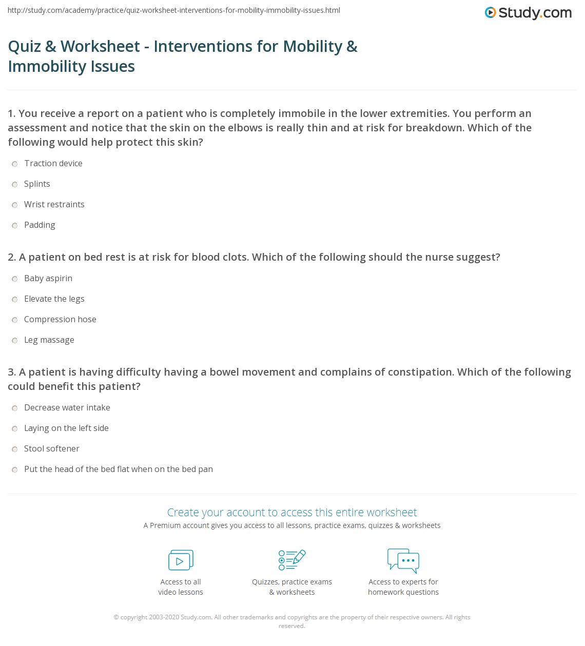 Quiz & Worksheet Interventions for Mobility & Immobility Issues