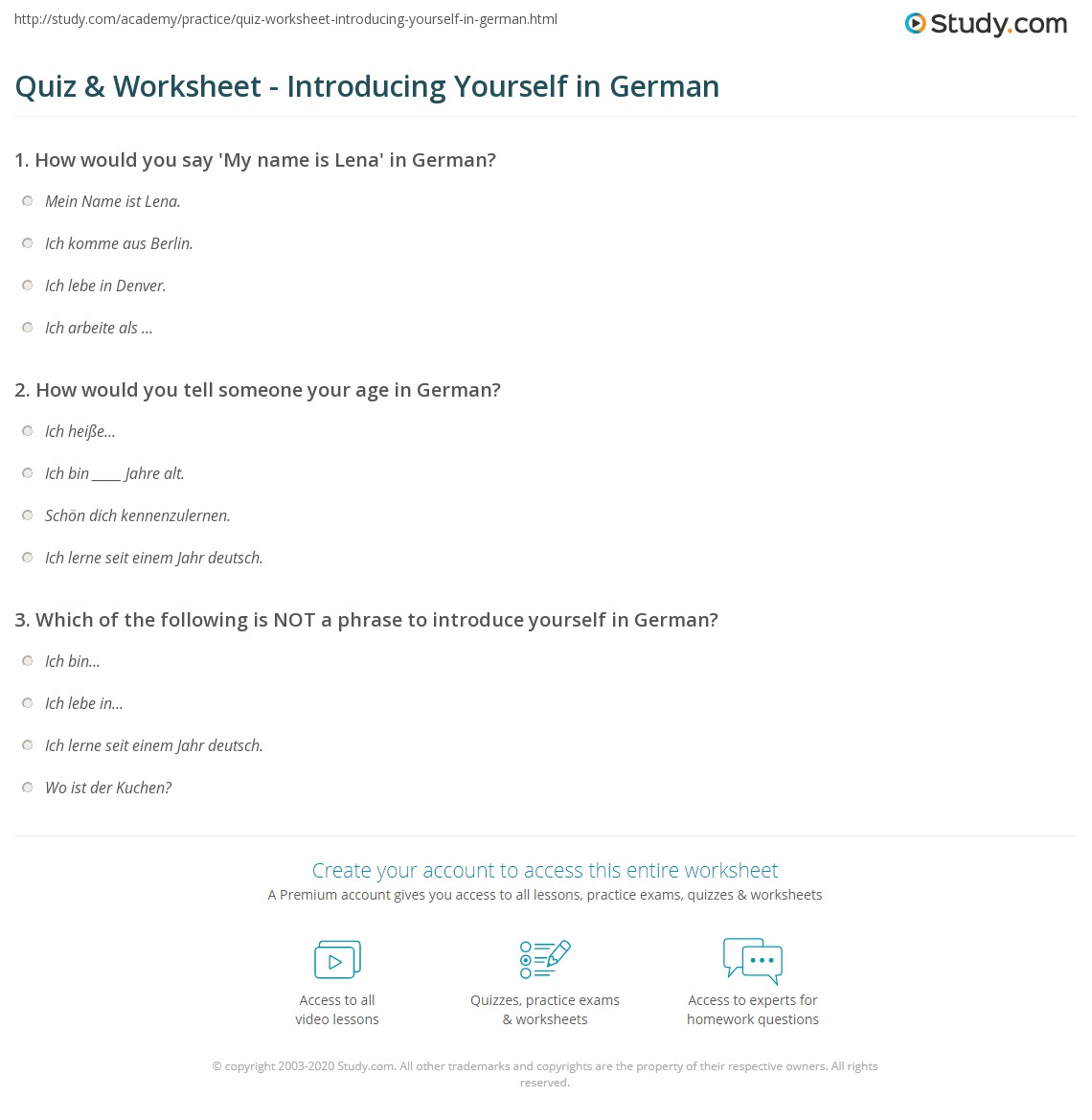 Quiz & Worksheet Introducing Yourself in German