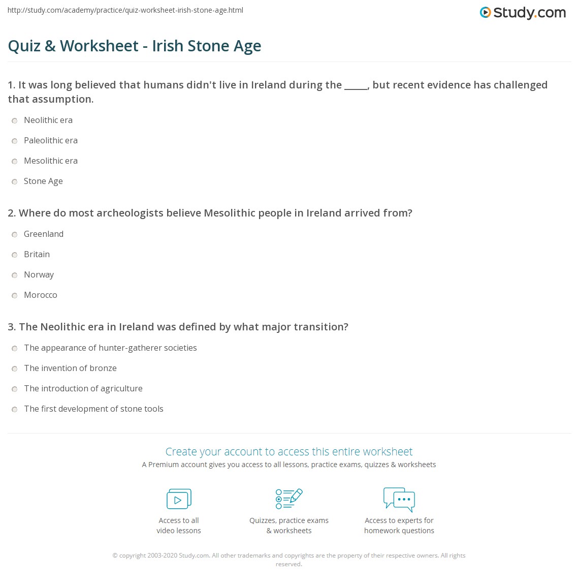 Quiz & Worksheet Irish Stone Age
