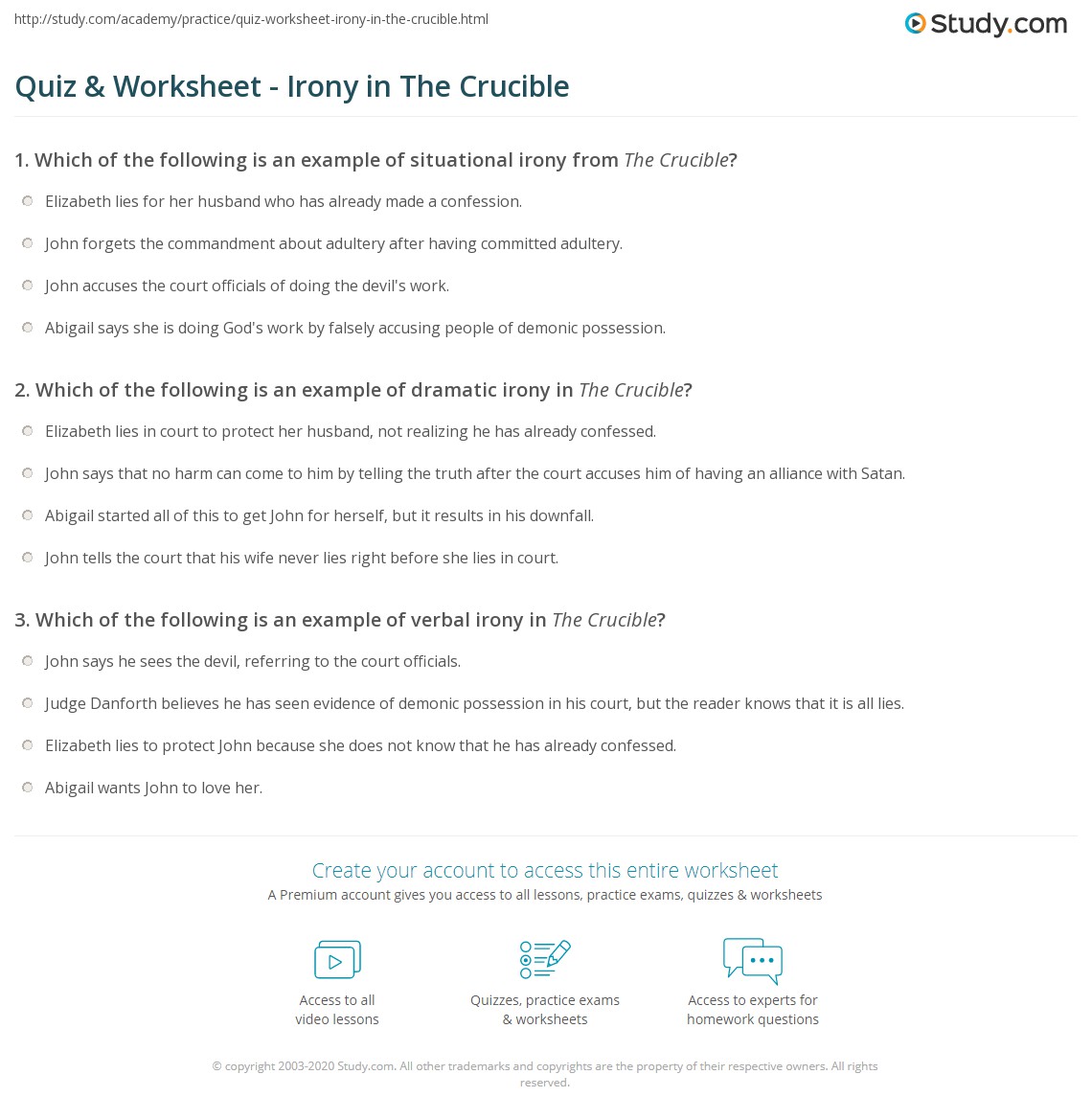 Quiz & Worksheet Irony in The Crucible