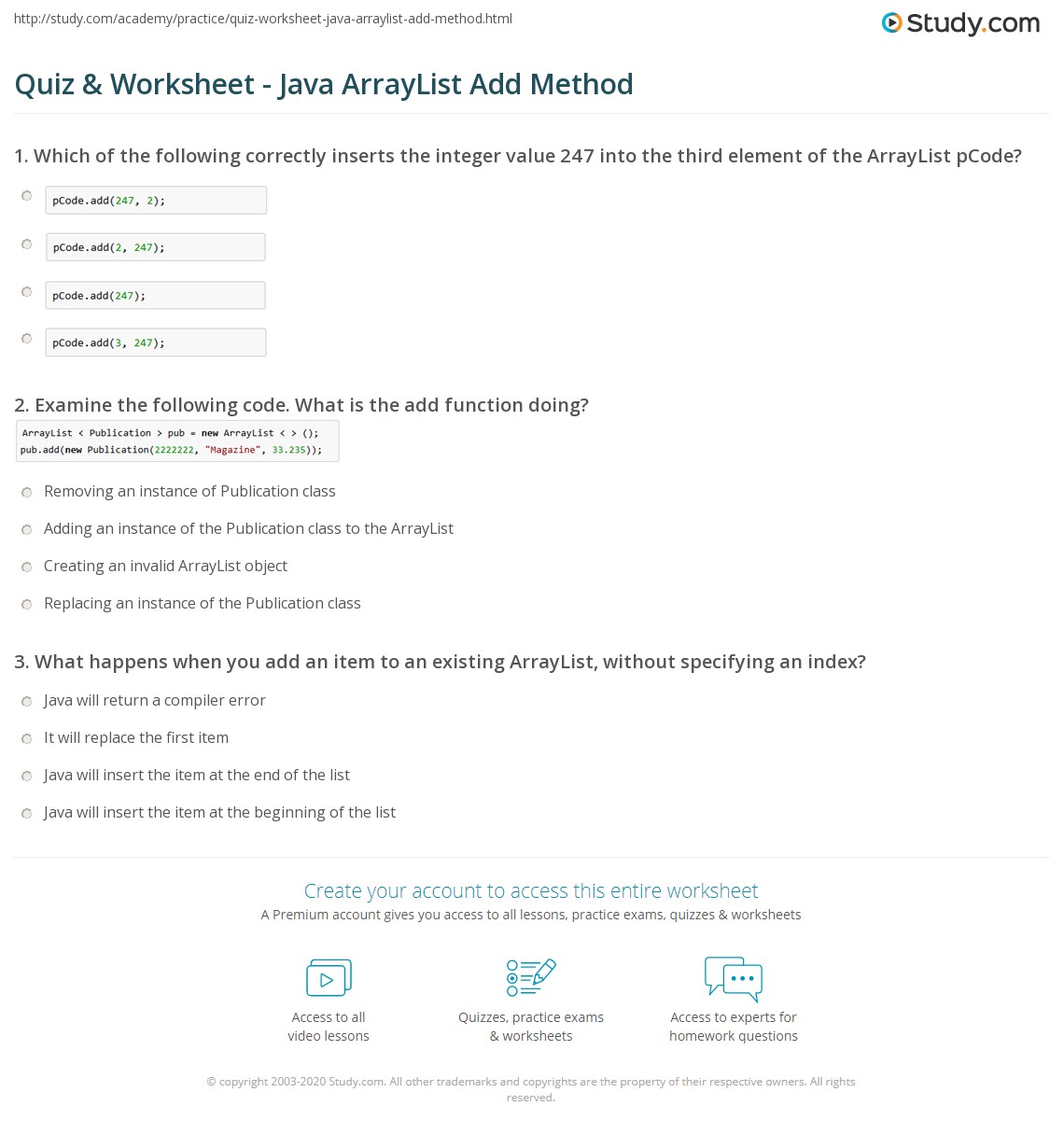 Quiz & Worksheet Java ArrayList Add Method
