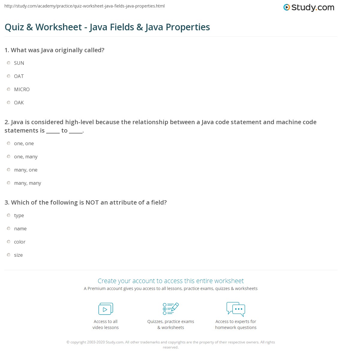 Quiz & Worksheet Java Fields & Java Properties