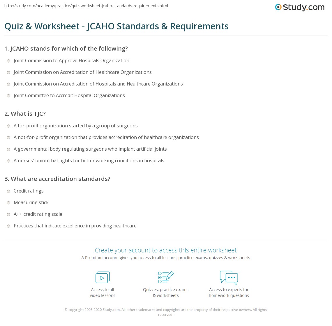 Quiz & Worksheet JCAHO Standards & Requirements