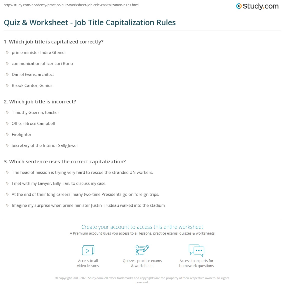 Quiz & Worksheet Job Title Capitalization Rules