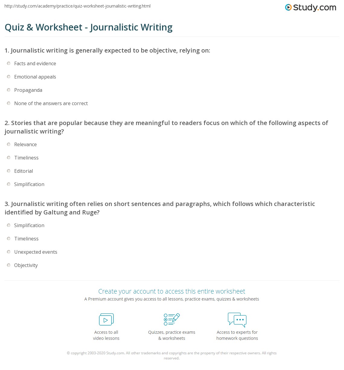 Quiz & Worksheet Journalistic Writing
