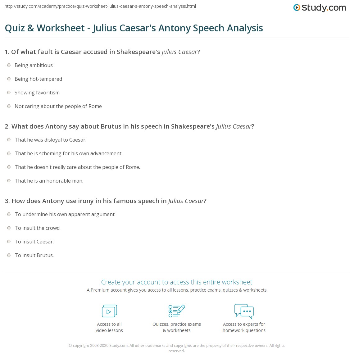 Quiz & Worksheet Julius Caesar's Antony Speech Analysis