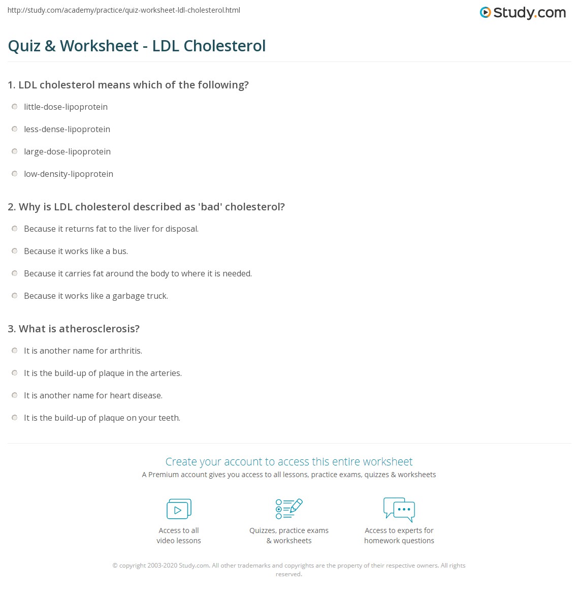 Quiz & Worksheet - LDL Cholesterol | Study.com