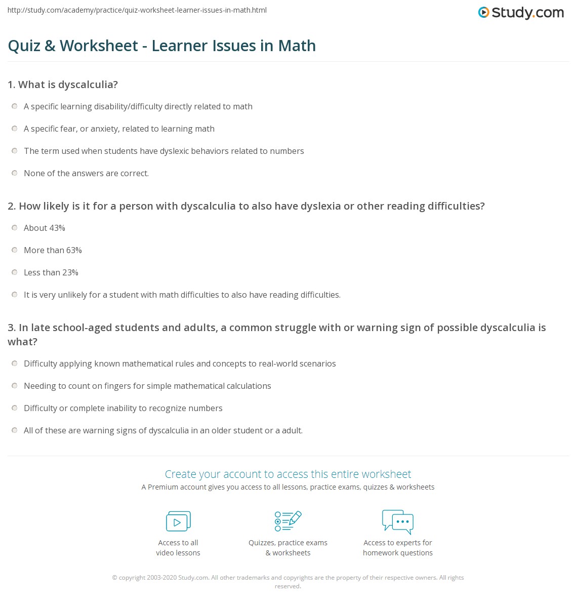 Quiz & Worksheet - Learner Issues In Math | Study.com