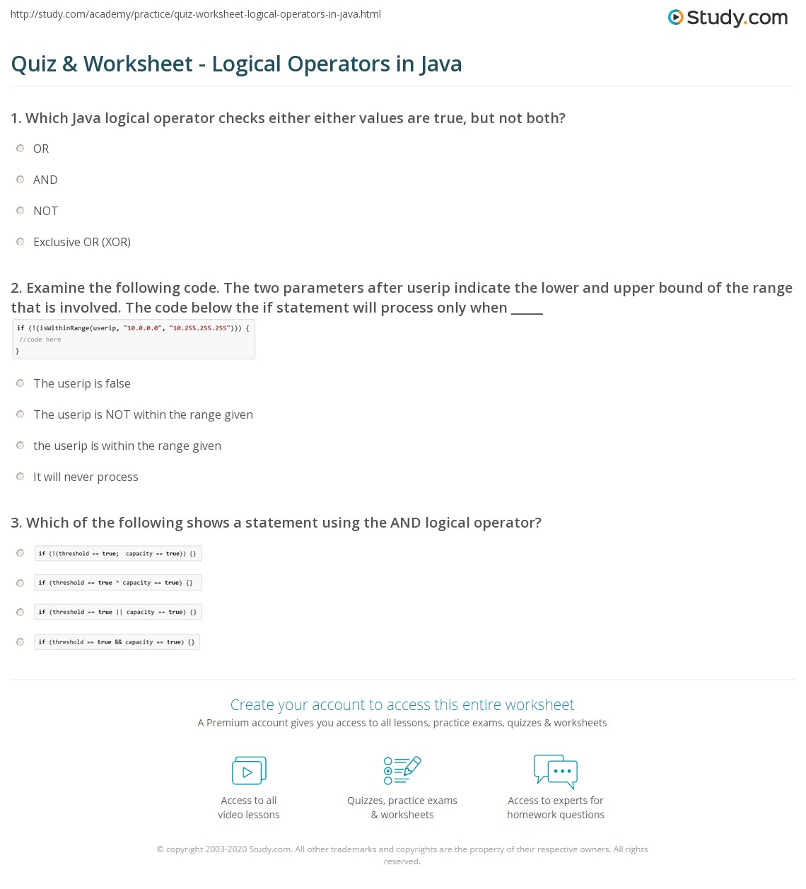 Quiz & Worksheet Logical Operators in Java
