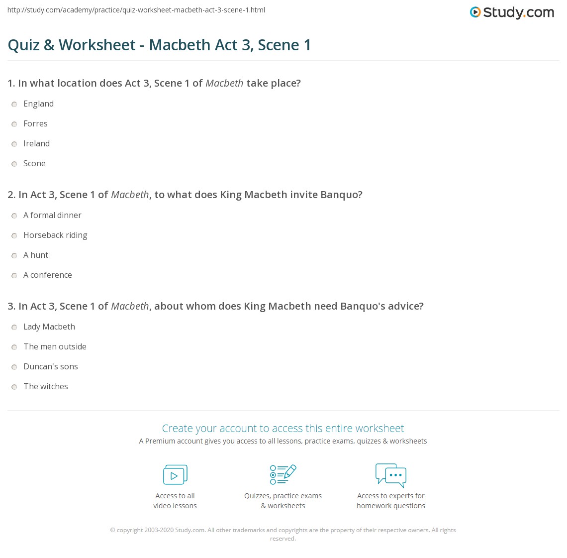 Quiz & Worksheet Macbeth Act 3, Scene 1