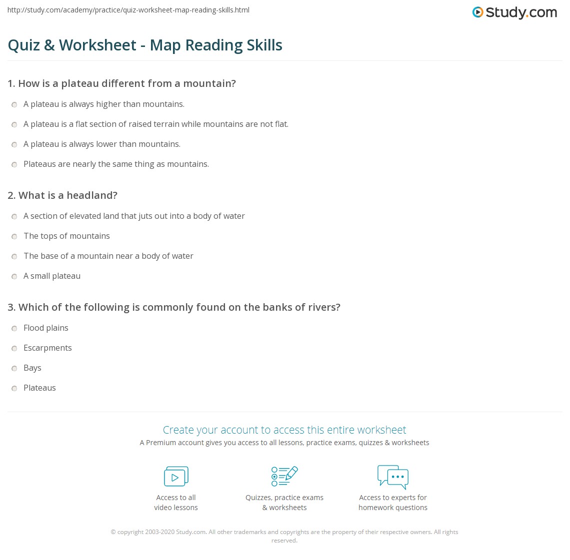 Quiz & Worksheet Map Reading Skills