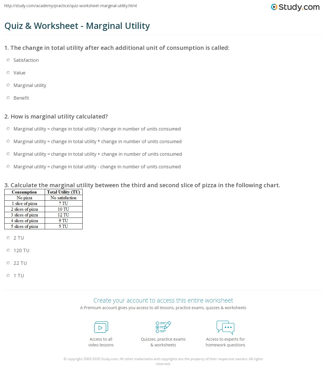Quiz & Worksheet Marginal Utility