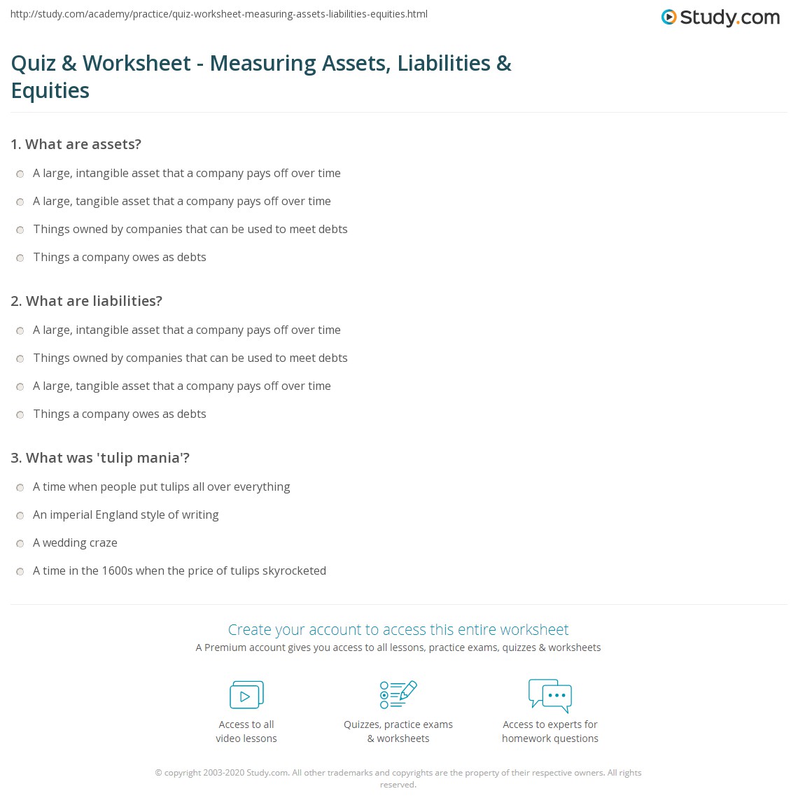 Quiz & Worksheet Measuring Assets, Liabilities & Equities