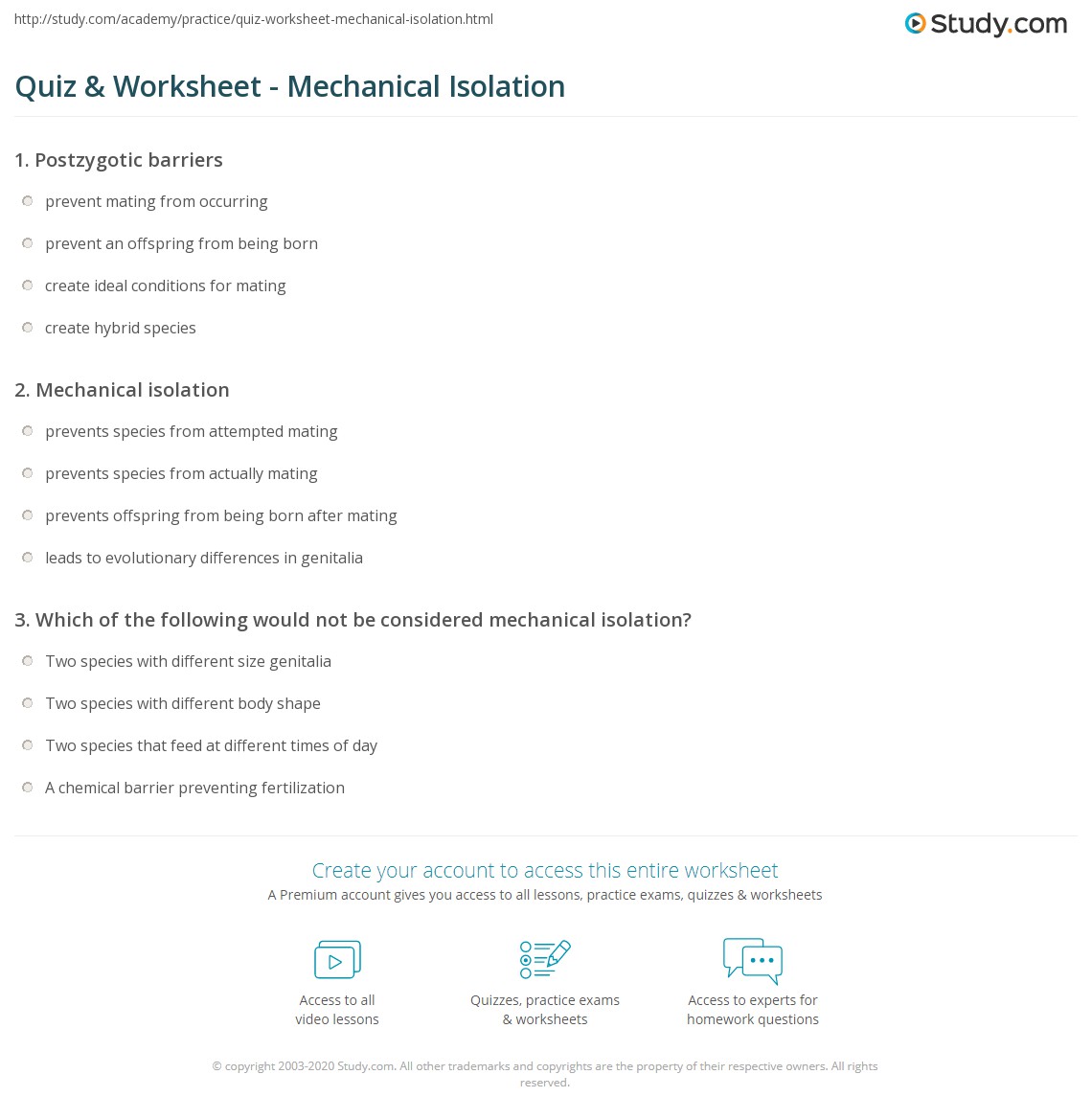 Quiz & Worksheet Mechanical Isolation
