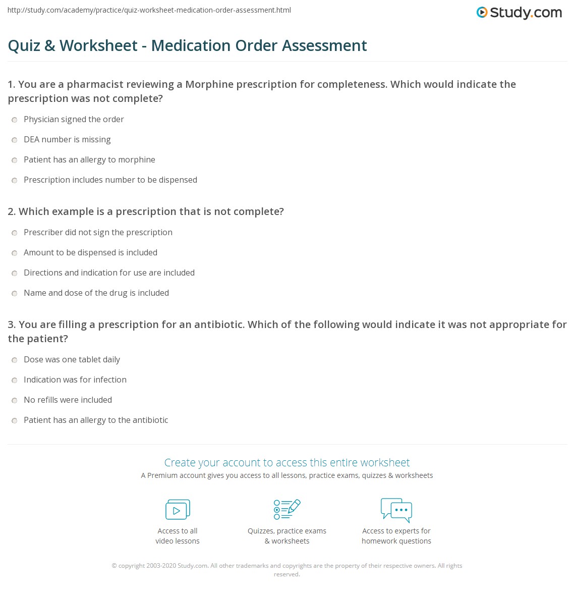 Quiz & Worksheet Medication Order Assessment