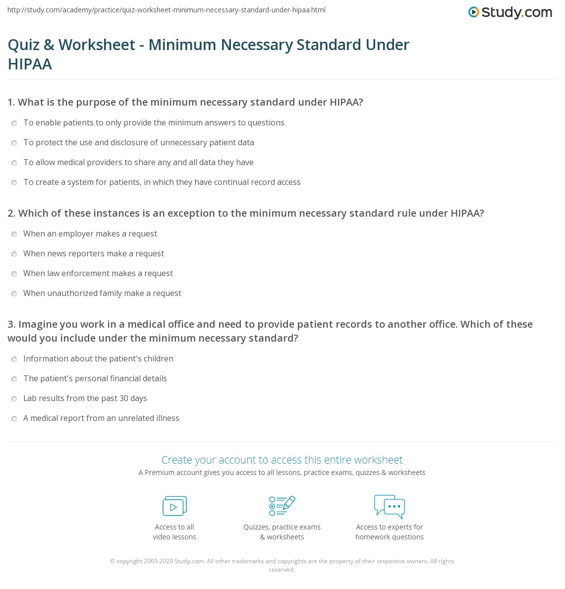 Quiz & Worksheet Minimum Necessary Standard Under HIPAA
