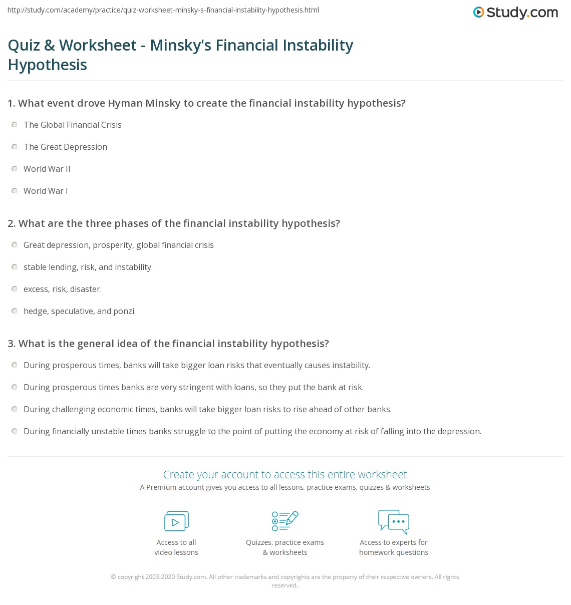 Quiz & Worksheet Minsky's Financial Instability