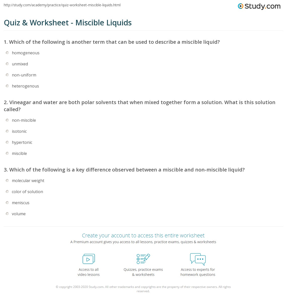 Quiz & Worksheet Miscible Liquids
