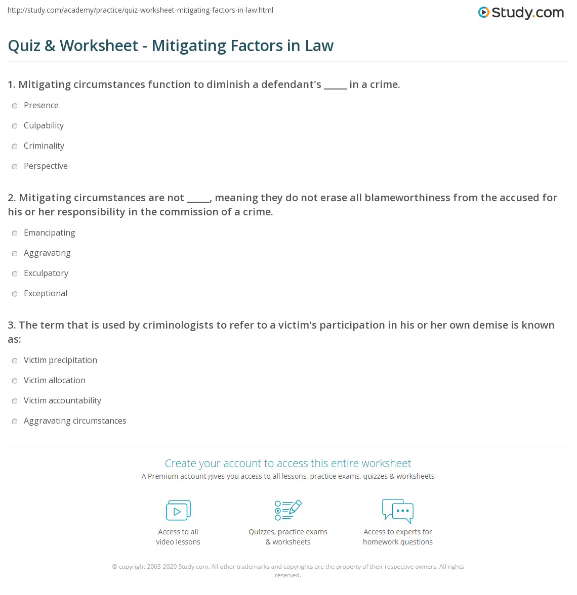 Quiz & Worksheet Mitigating Factors in Law