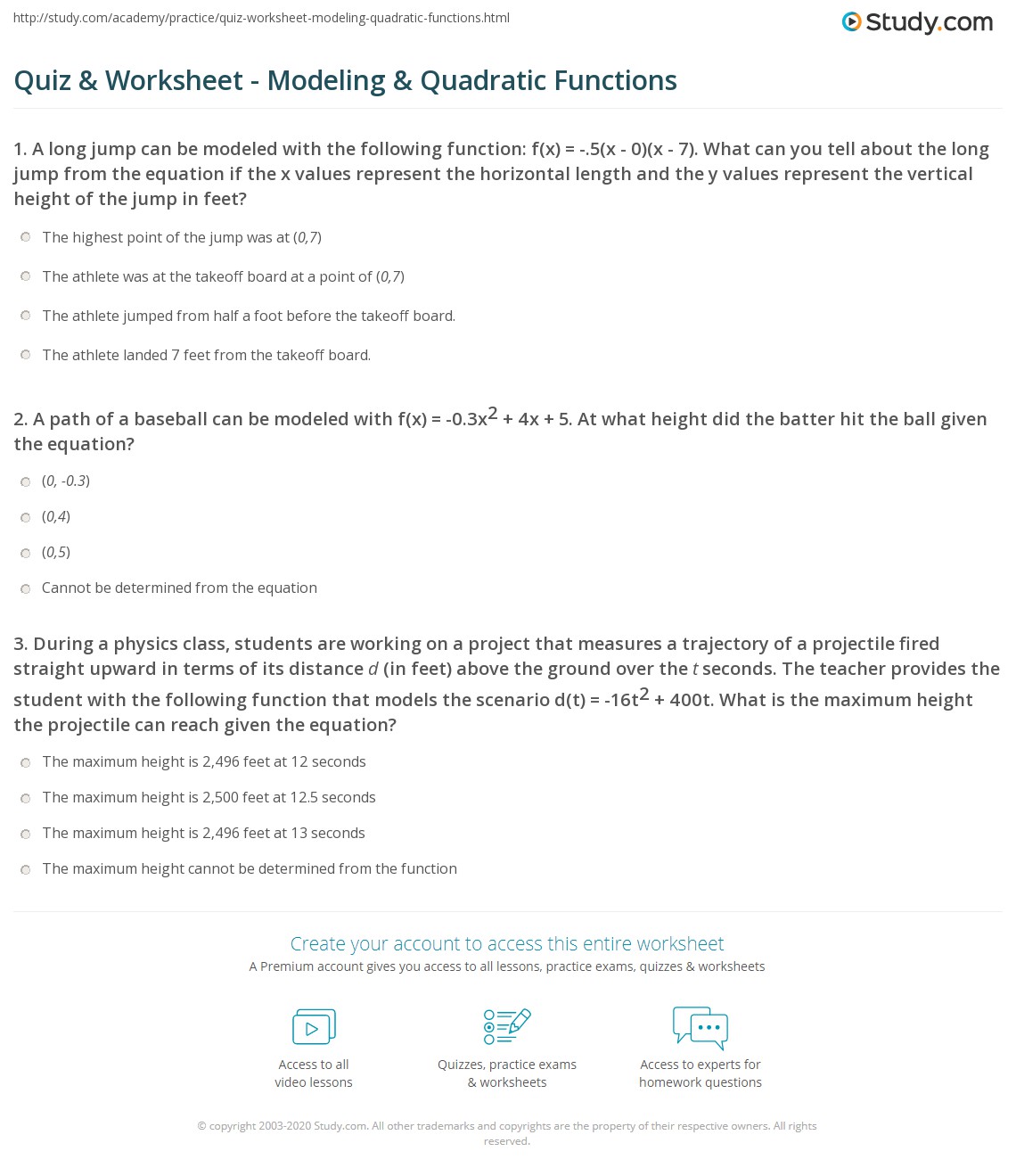 Quiz & Worksheet Modeling & Quadratic Functions