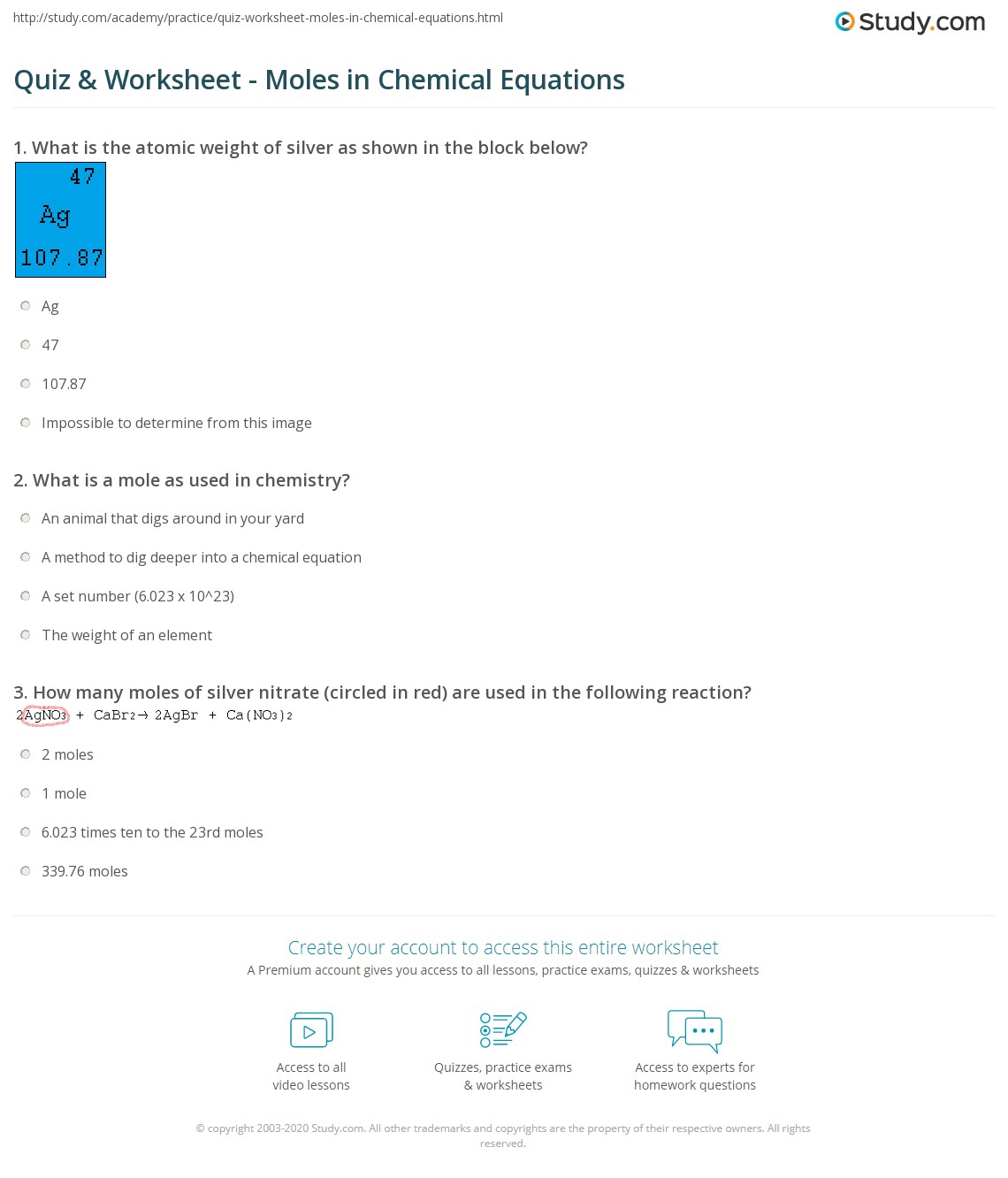 Quiz & Worksheet Moles in Chemical Equations