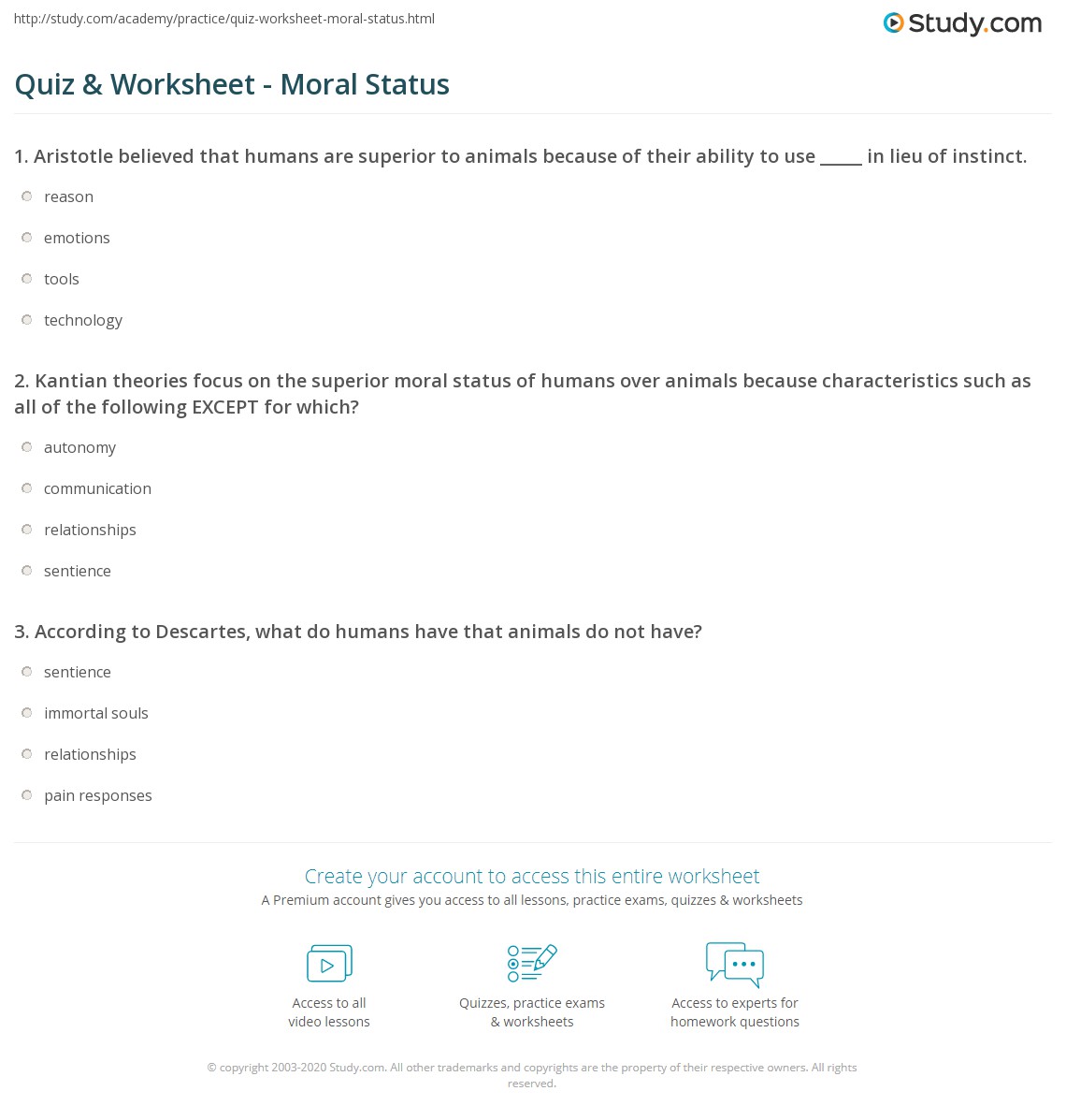 Quiz & Worksheet Moral Status