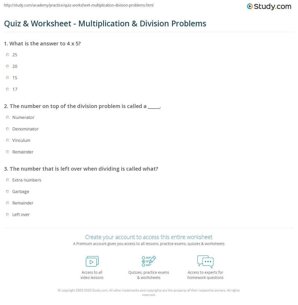 Quiz & Worksheet - Multiplication & Division Problems | Study.com